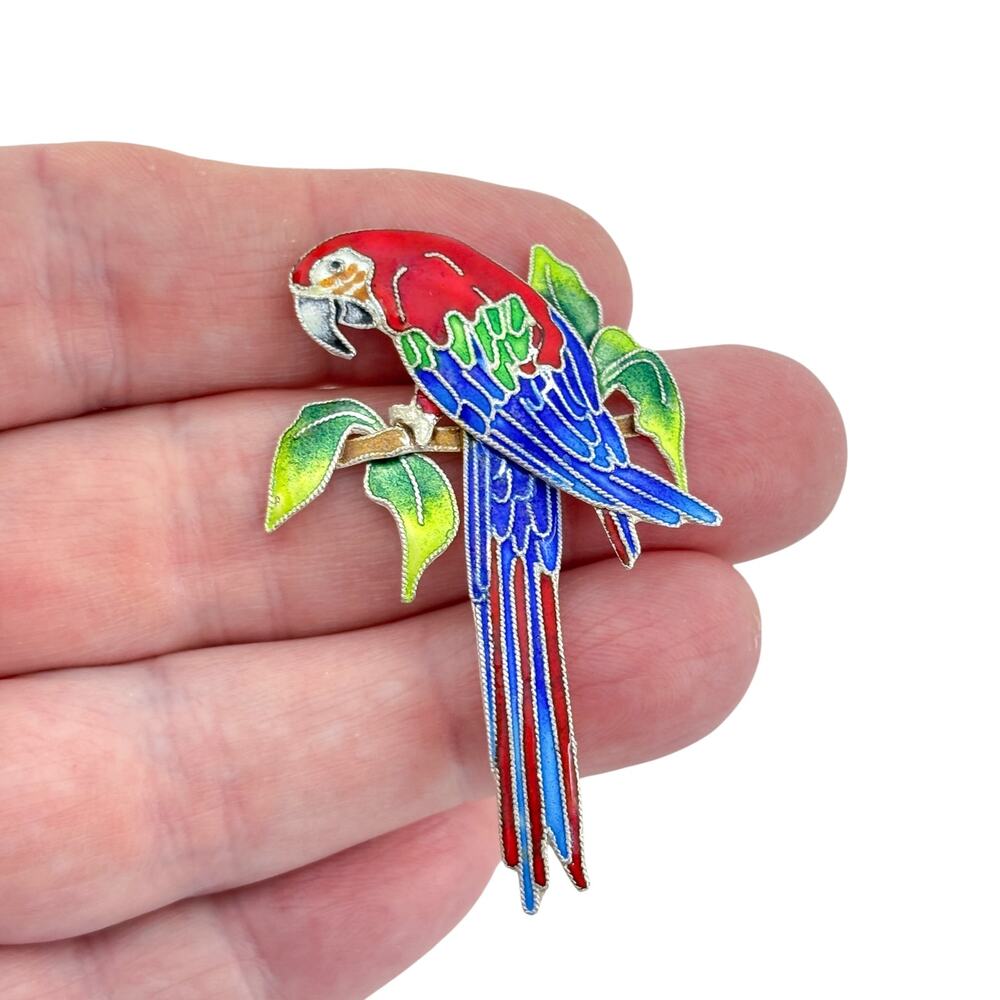 Vintage Sterling Silver 925 Parrot Enamel Brooch